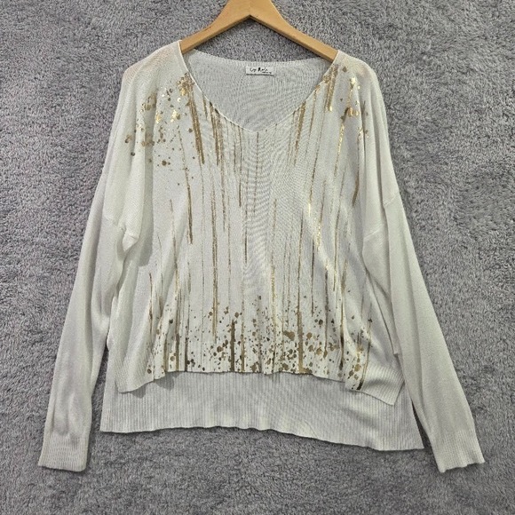 GiGi New York Sweaters - Gigi Moda Oversized Sweater Large White Gold Metallic Paint Drip Boxy Soft Italy